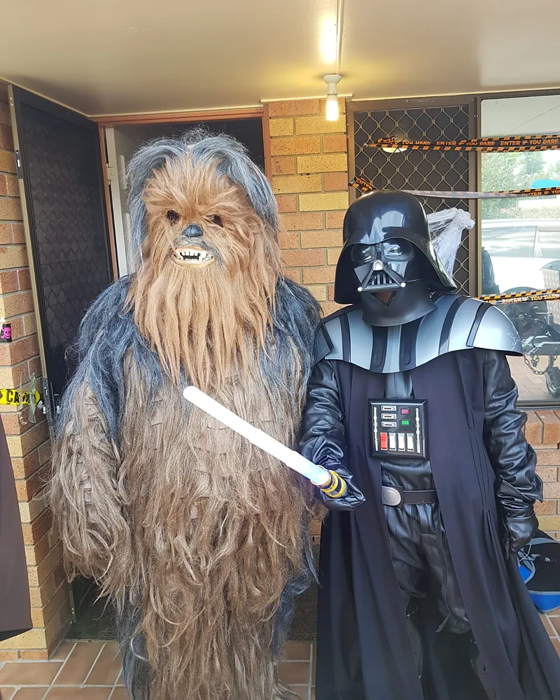 Two full-suit sci-fi film characters, a shaggy wookiee-style creature and a black armoured villain with a light sword